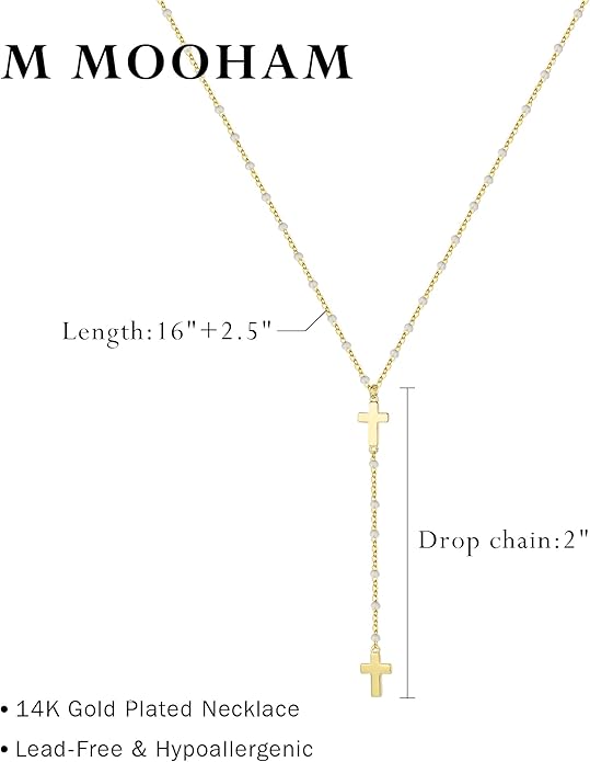 M MOOHAM Gold Lariat Necklace for Women - Dainty 14K Gold Plated Y-Shaped Long Drop Necklace Pearl Cross Clover Butterfly Cubic Zirconia Charm Layered Necklaces for Women Simple Jewelry Gifts