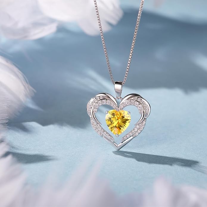 Heart Necklaces Valentine's Gift for Women, Birthstone 925 Sterling Silver Angel Wings Love Pendant Necklaces for Women, Jewelry Gifts for Wife, Anniversary, Mother's day
