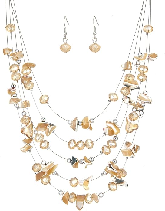 Multi-Layer Boho Shell Beaded Necklace for Women Colorful Crystal Strand with Silver Beads Statement Collars Necklace and Earrings Costumes Jewelry Sets for Women
