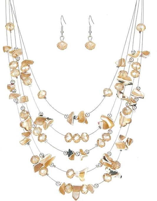 Multi-Layer Boho Shell Beaded Necklace for Women Colorful Crystal Strand with Silver Beads Statement Collars Necklace and Earrings Costumes Jewelry Sets for Women