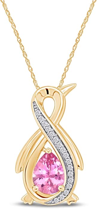 Infinity Penguin Pendant Necklace for Women, 14K Gold Over Sterling Silver with Pear & Round Cut Simulated Birthstone & White Diamond Accents, Dainty Animal Jewelry Gift with 18" Chain