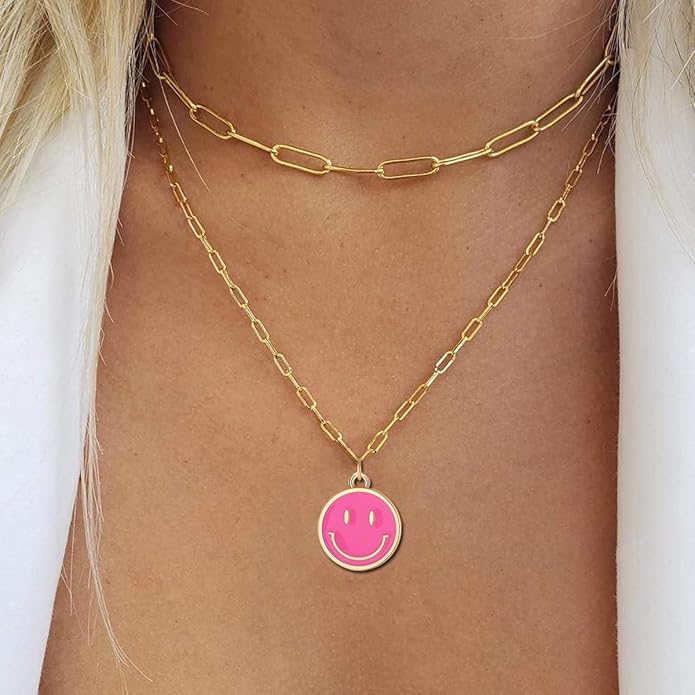 Smile Pendant Necklace Smile Face Chain Necklace Paperclip Necklace Cute Round Pendant Necklace Preppy Jewelry for Women Girls