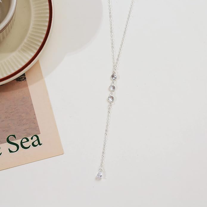 Gold Y Necklace for Women 14K Gold Plated Y-Shaped Drop Necklaces CZ Long Necklace Cubic Zirconia Pendant Layered Long Lariat Necklace Women Jewelry