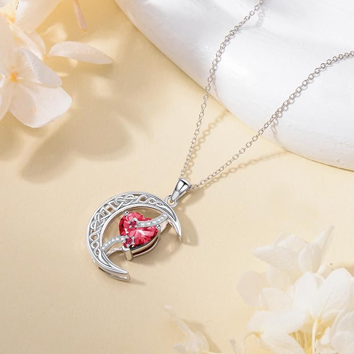TOUPOP Moon and Star Birthstone Necklace for Women 925 Sterling Silver Celtic Moon Jewelry Birthday Christmas Gifts for Her Girlfriend