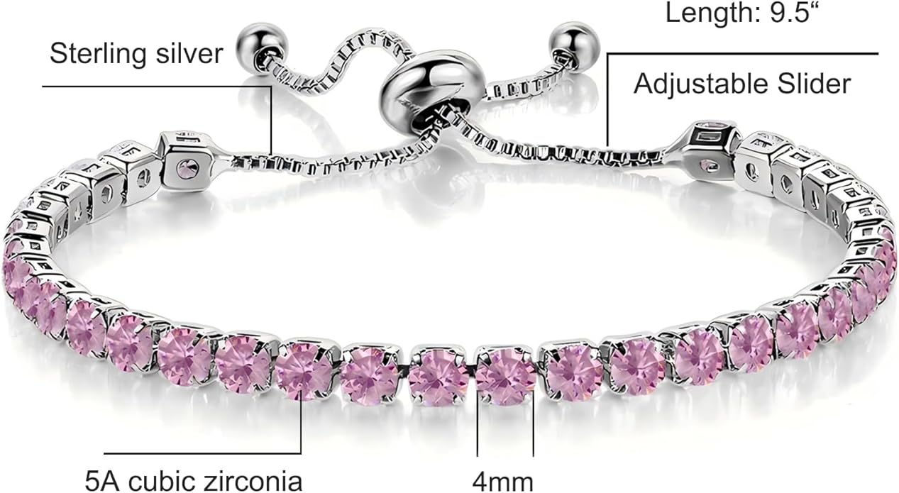 Italian Sterling Silver Women's Tennis Bracelets | Ladies' Sterling Silver Rope Adjustable Bracelet with Crystals | Gift for She