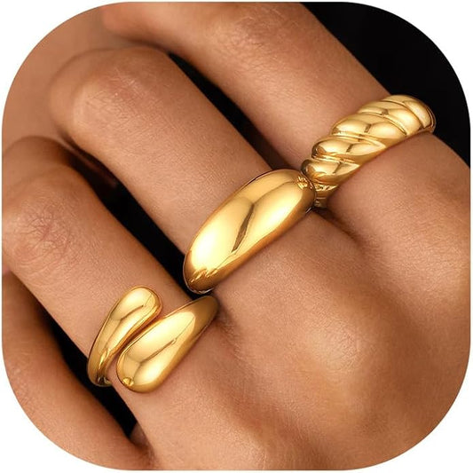 ZOERAY Chunky Gold Rings for Women Non Tarnish Trendy 14k Gold Plated Adjustable Signet Band Stackable Thumb Ring Set Open Twist Dome Statement Stacking Rings Jewelry Gifts for Women Size 5-10