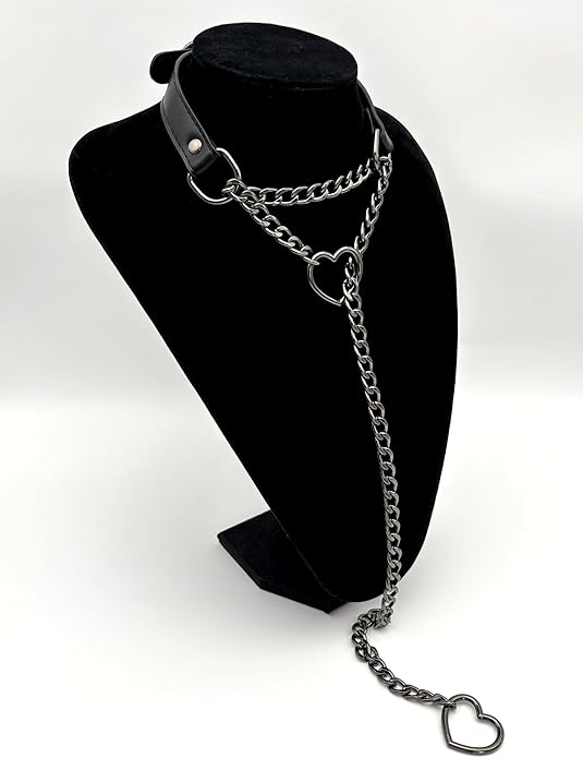 Black Leather Choker Collar For Women, Handmade Heart Slip Chain Choker Long Necklace with Adjustable Buckle
