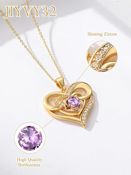 Infinite Heart Birthstone Necklaces for Women Gold Plated Pendant Wedding Anniversary Birthday Gift for Wife Her Mom Grandma Daughter Jewelry with Round Birthstone