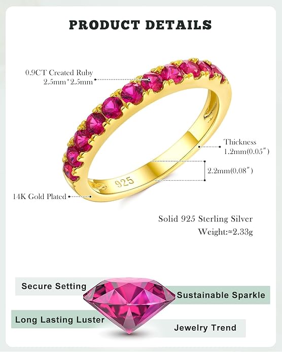 CAIDIKA Created Ruby/Sapphire/Emerald Stackable Rings for Women 14K Gold Plated/ 925 Sterling Silver 2.2mm Wedding Band Ring (with Gift Box)