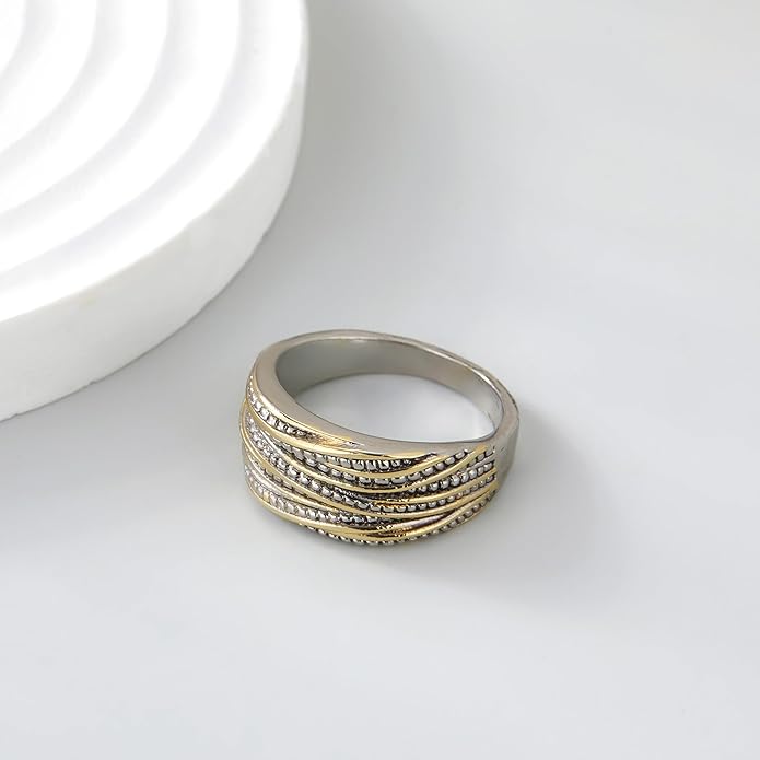2 Tone 14K Gold & Silver Plated Ring, Wide Intertwined Crossover Statement Chunky Gold Rings Vintage Fashion Band Rings for Women Designer Jewelry Gifts