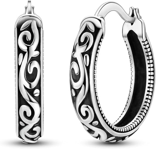Hapour Vintage Filigree 925 Sterling Silver Oval Small Hoop Earrings for Women Fashion Flower Dainty Huggie Hoops Hypoallergenic Trendy Jewelry Birthday Gifts for Her