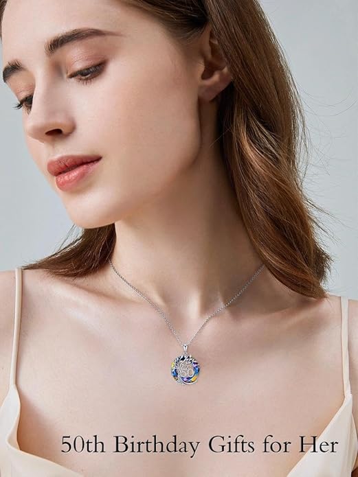 TOUPOP Birthday Gifts for Women 925 Sterling Silver Tree of Life Year Old Necklace Circle Crystal Jewelry Christmas Gifts for Her Wife Mom Mother Grandma Grandmother