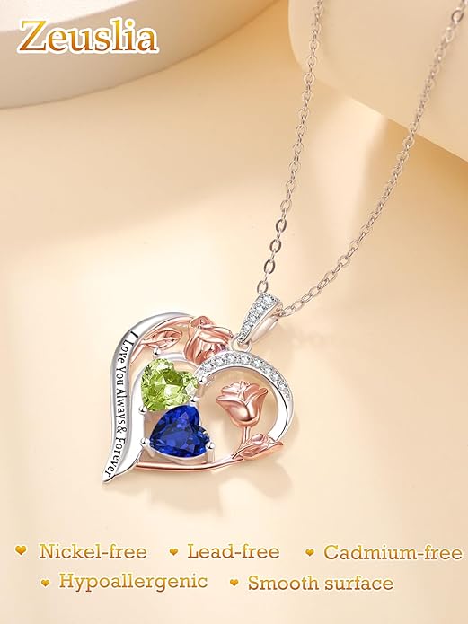 Zeuslia Double Birthstone Necklace Gifts for Wife - 925 Sterling Silver Sunflower/Rose/Crown Cross/Compass/Heart Pendant I Love You Necklace, Anniversary Birthday Gifts for Wife Girlfriend Mom Her