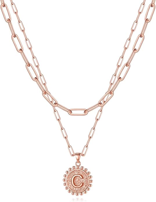Yoosteel Gold Initial Necklaces for Women, 14K Gold Plated Dainty Layering Paperclip Link Chain Necklace Coin Initial Layered Necklaces for Women Personalized Birthday Gifts