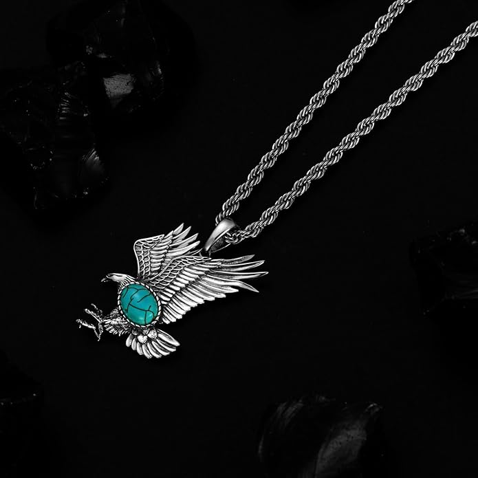 BETHZA Eagle Necklace for Men 925 Sterling Silver Real Gemstone Vintage Hawk Pendant Western Viking Animal Jewelry Gifts for Father