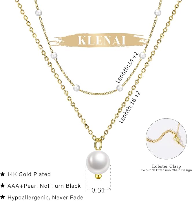 Gold Pearl Necklace for Women, 14K Gold Plated Layered Pearl Necklaces for Women Trendy Simple Herringbone Chain Pearl Necklace for Women Gold Jewelry Gifts