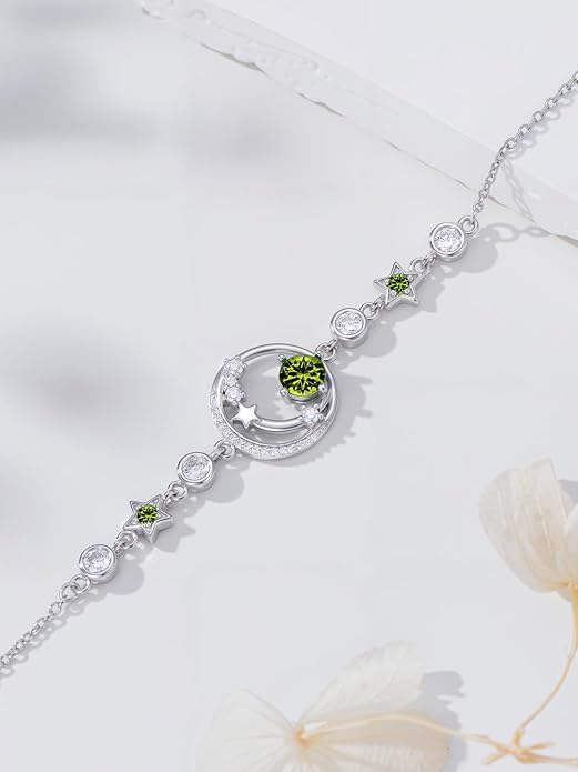 Moon and Star Birthstone Charm Link Bracelet 925 Sterling Silver Moon and Star Bracelet with 12 Months Birthstone Birthday Jewelry Gifts for Women Mom Her,Chain Length 7"+2" Extend