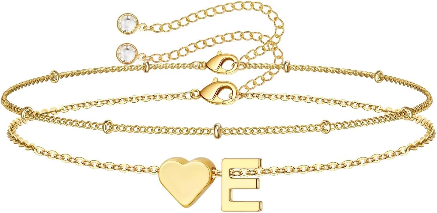 M MOOHAM Christmas Gifts for Grandkids Teens Girls -14K-Gold-Plated Heart Initial Bracelets for Women Girl Dainty Gold Bracelets Birthday Gift Stocking Stuffers for Women Teenage Girls Kids Gifts
