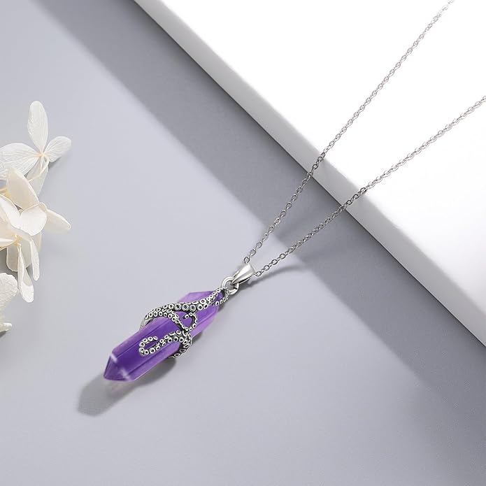 OHAYOO Octopus Tentacles Necklace 925 Sterling Silver Octopus Pendent Necklace Wrapped Obsidian Octopus Jewelry Gifts for Women
