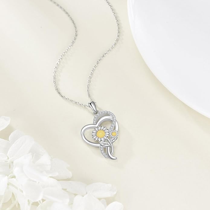 Tulip Sunflower Rose Lily of the Valley Sterling Silver Flower Heart Pendant Necklace Gifts for Women Mother Flower Lover