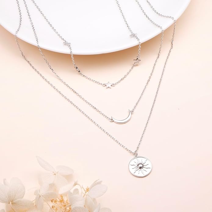 S925 Sterling Silver Layered Necklaces Multi 3 Layer Circle Bar Boho Long Triple Choker Pendant Necklace Jewerly Gift for Women