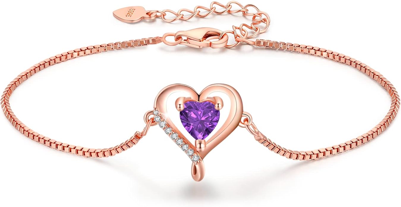 LAVUMO Love Heart Bracelets for Women 925 Silver Charm Birthstone Bracelet Adjustable Anniversary Birthday Jewelry Gifts for Women Girlfriend Wife Daughter Mom Her