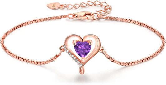 LAVUMO Love Heart Bracelets for Women 925 Silver Charm Birthstone Bracelet Adjustable Anniversary Birthday Jewelry Gifts for Women Girlfriend Wife Daughter Mom Her