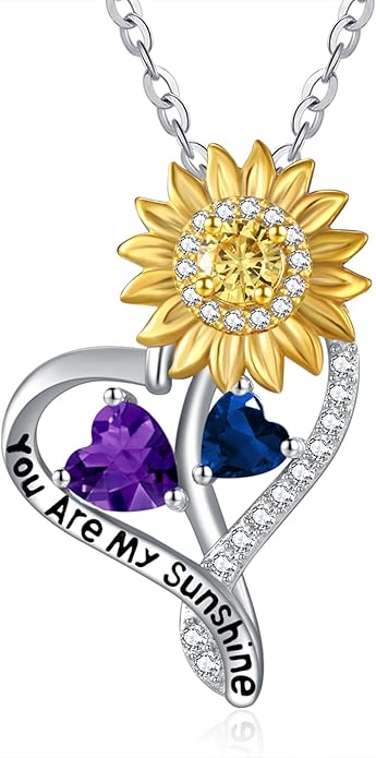 Zeuslia Double Birthstone Necklace Gifts for Wife - 925 Sterling Silver Sunflower/Rose/Crown Cross/Compass/Heart Pendant I Love You Necklace, Anniversary Birthday Gifts for Wife Girlfriend Mom Her