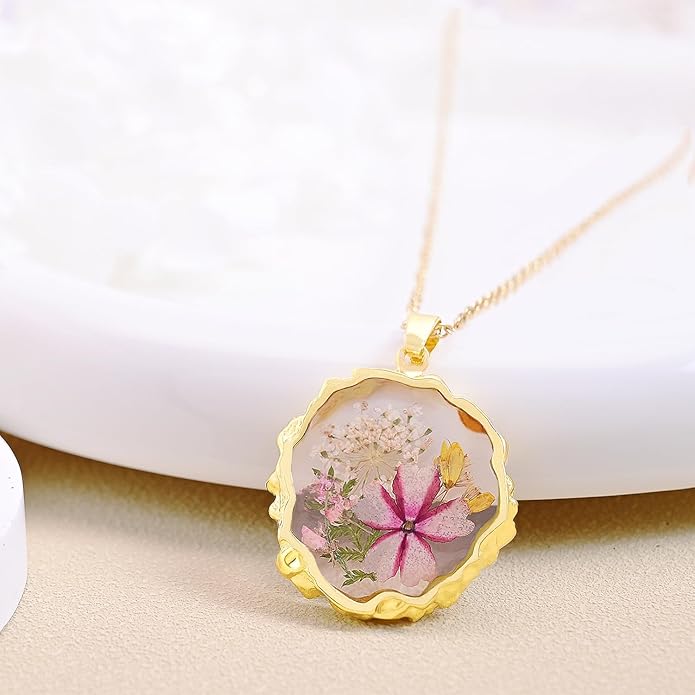Birth Flower Necklaces for Women,1-12 Month Real Pressed Flower Necklace,Boho-Style Personalized Jewelry, Handmade Floral Pendant,Thoughtful Gift for Christmas,Birthday|18"