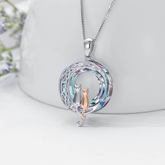TOUPOP Christmas Cat Gifts for Cats Lovers One Two Three Four Cats Necklace Sterling Silver Cats on the Moon Pendant Necklace with Blue Circle Crystal Birthday Christmas Celtic Jewelry Gifts for Women