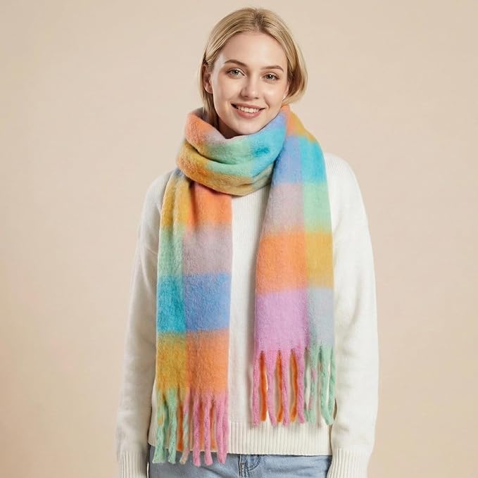 SHOHOKU Large Chunky Plaid Scarf Coloured Checked Oversized Scarf Tassel Soft Fall Winter Thick Warm Shawl Women