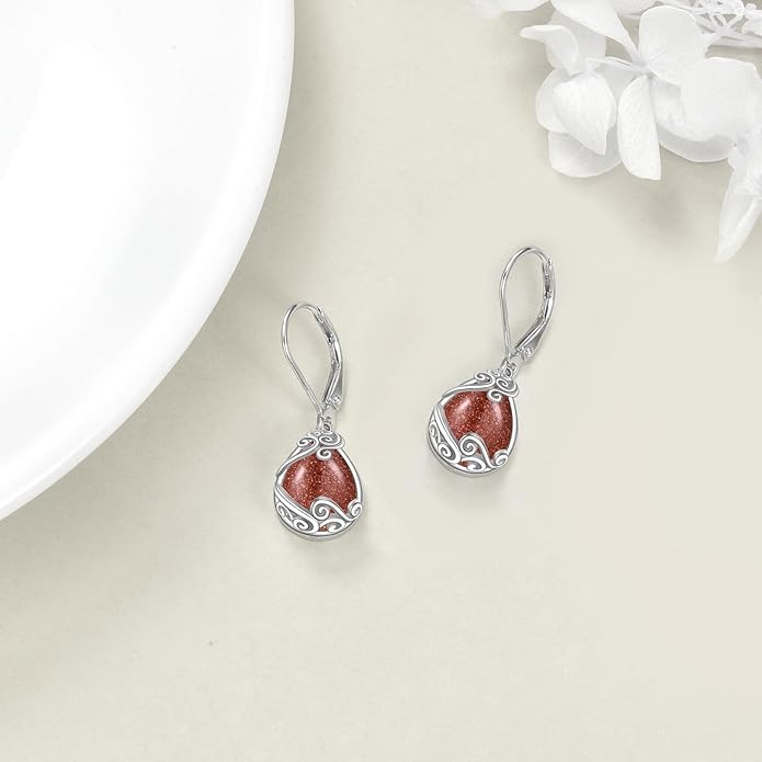 Moonstone Filigree Drop Dangle Teardrop Earrings 925 Sterling Silver Moonstone Leverback Earrings for Women Jewelry Gifts