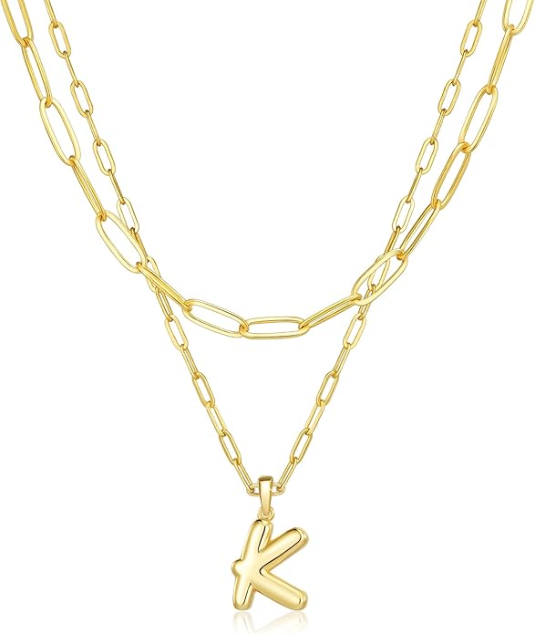 adoyi Gold Necklace for Women Layered Bubble Heart Letter Initial Necklaces for Women Trendy Jewelry 14K Gold Plated Chain Chunky Name Necklace Stack Charm A-Z Pendant Set Jewelry Gifts
