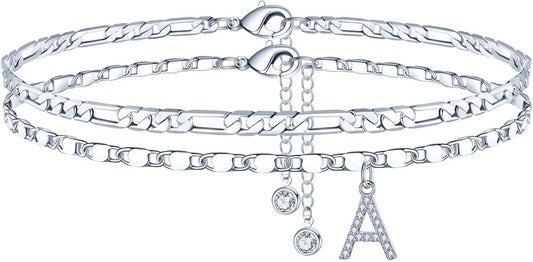 Ursteel Ankle Bracelets for Women, 14K-Gold-Plated Dainty Layered Chain CZ Initial Anklets Set Summer Jewelry Gifts for Women