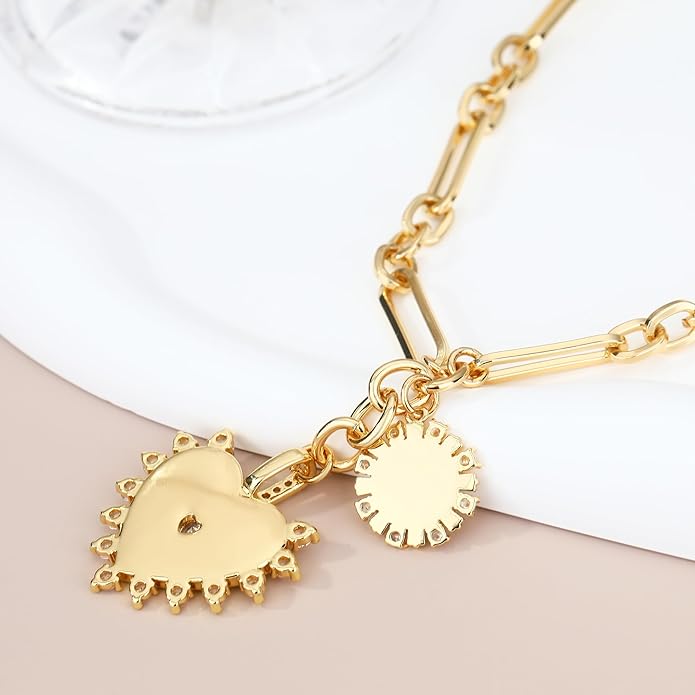 Chunky Gold Necklace for Women, 18K Waterproof Heart Necklace Statement Necklace Gold Charm Necklace Chunky Jewelry Paperclip Chain Choker Gift for Women