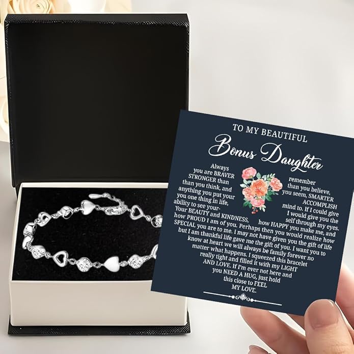 To My Bonus Daughter Heart Bracelet Gift, Beautiful Bonus Daughter Jewelry From Step Mom Dad With Message Card and Box Meaning, Christmas Graduation Birthday Gifts, To My Stepdaughter Bracelet
