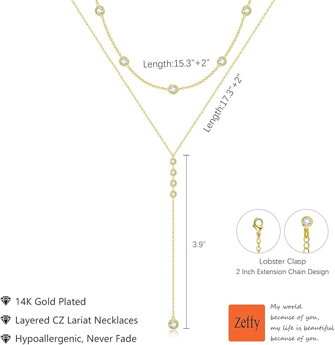 Zeffy Lariat Gold Necklace for Women, Dainty Long Necklace 14k Gold/Silver Plated Layered CZ Beaded Bar Chain Y-Shaped Body Chain Stack Drop Wedding Necklace Trendy Simple Gold Jewelry Gifts