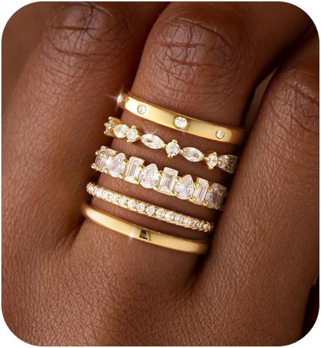 RLMOON Stackable Gold Rings for Women Non Tarnish Dainty 14K Gold/Silver Plated Stacking Thumb Rings Cubic Zirconia Eternity Wedding Band Rings Gold Jewelry Size 6-10