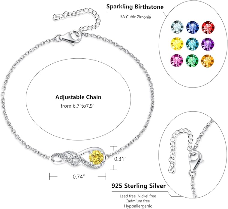 Birthstone Bracelets for Women 925 Sterling Silver Created Gemstone Bracelet Infinity Pendant Jewelry for Her, 6.7"+1.2"