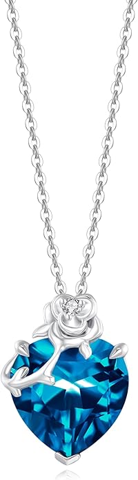FANCIME 14K Solid White Gold Rose Pendant with Sterling Silver Chain Heart Birthstone Gemstone Fine Jewelry Christmas Gifts for Women Her