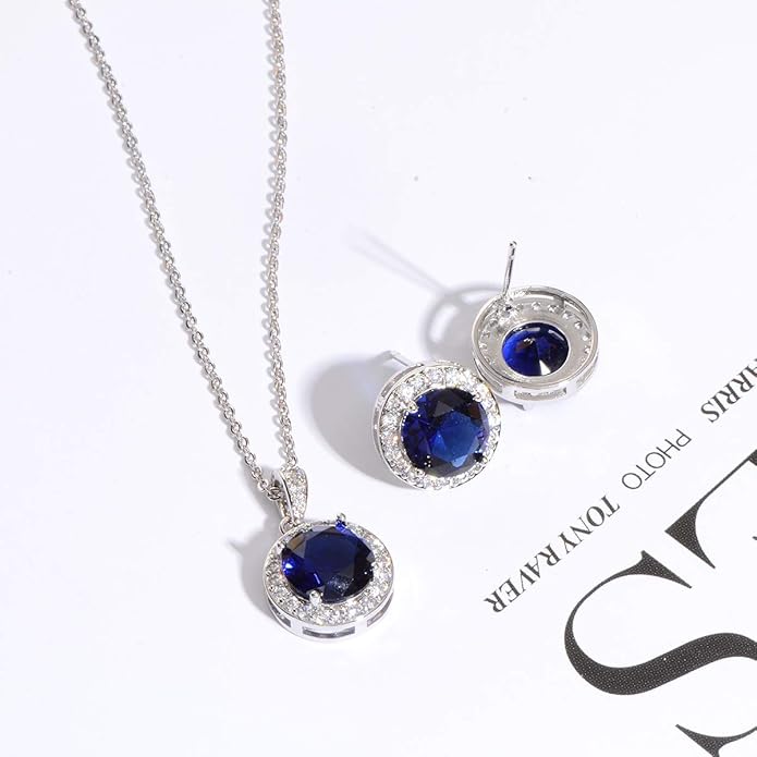 Bridal Crystal Jewelry Set - Sterling Silver Round Cubic Zirconia CZ Rhinestone Halo Birthstone Pendant Necklace Stud Earrings Set for Wedding Bride Bridesmaids Birthday Gift