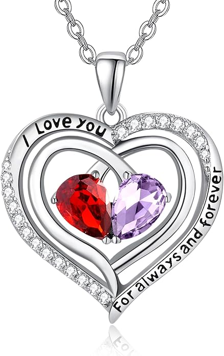 Zeuslia Double Birthstone Necklace Gifts for Wife - 925 Sterling Silver Sunflower/Rose/Crown Cross/Compass/Heart Pendant I Love You Necklace, Anniversary Birthday Gifts for Wife Girlfriend Mom Her