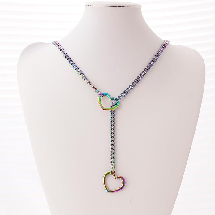 Heart Slip Chain Necklaces for Women,Stainless Steel O-Ring Adjustable Lariat Y-Necklace,Punk Gothic Cuban Collar Choker Necklace for women