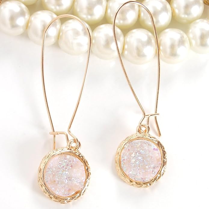 Simulated Druzy Threader Drop Earrings for Women - Gold, Silver, or Rose Gold Tone Trendy Boho Dangles with Sparkly Round Stone