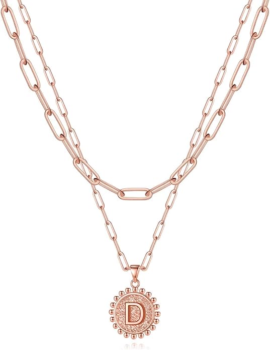 Yoosteel Gold Initial Necklaces for Women, 14K Gold Plated Dainty Layering Paperclip Link Chain Necklace Coin Initial Layered Necklaces for Women Personalized Birthday Gifts
