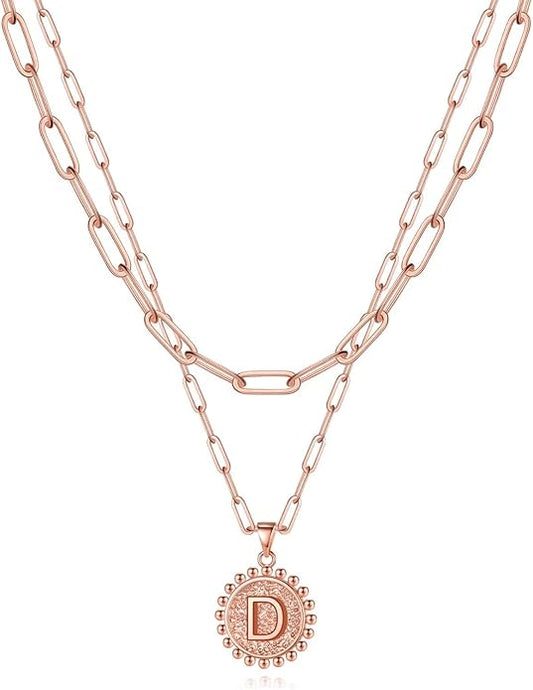 Yoosteel Gold Initial Necklaces for Women, 14K Gold Plated Dainty Layering Paperclip Link Chain Necklace Coin Initial Layered Necklaces for Women Personalized Birthday Gifts