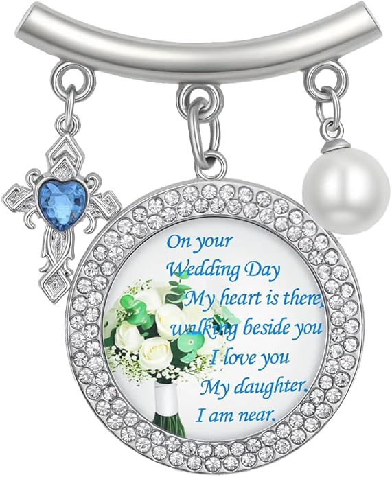 Wedding Bridal Pin, Something Blue Silver Crystal Brooch with Blue Heart Charm, Pearl Accent and Sentimental Message for Mother of Bride Gift