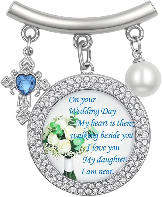 Wedding Bridal Pin, Something Blue Silver Crystal Brooch with Blue Heart Charm, Pearl Accent and Sentimental Message for Mother of Bride Gift