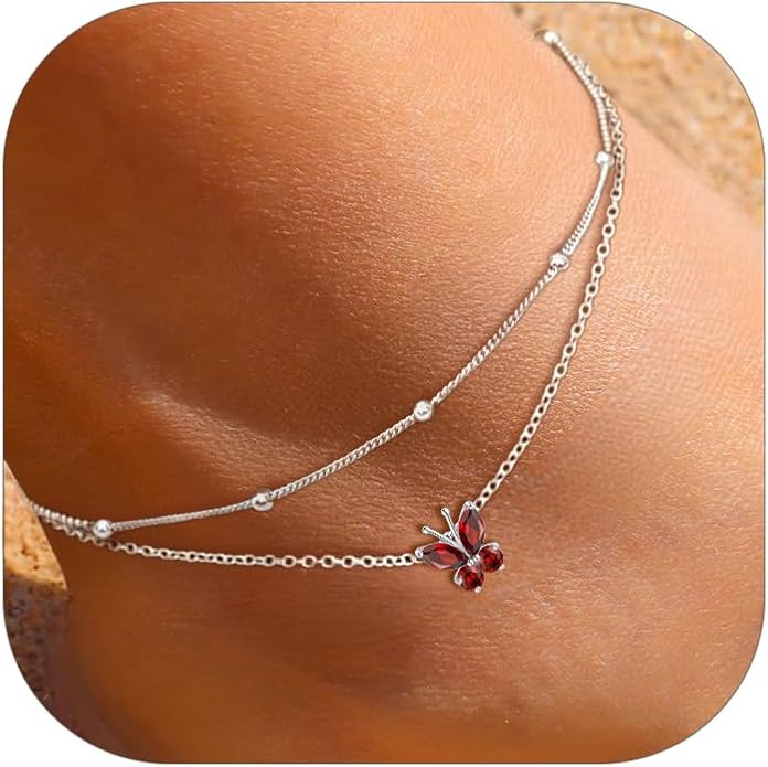 ChicSilver 925 Sterling Silver Anklets for Women Waterproof, Sparkling Birthstone Ankle Bracelets for Women, Adjustable Layered Butterfly Anklet Summer Beach Jewelry