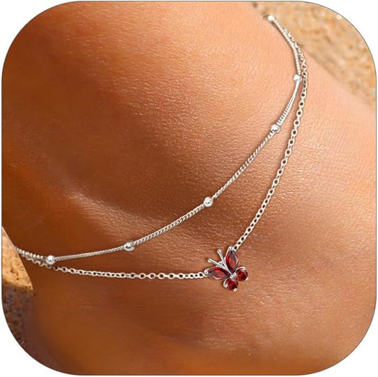 ChicSilver 925 Sterling Silver Anklets for Women Waterproof, Sparkling Birthstone Ankle Bracelets for Women, Adjustable Layered Butterfly Anklet Summer Beach Jewelry